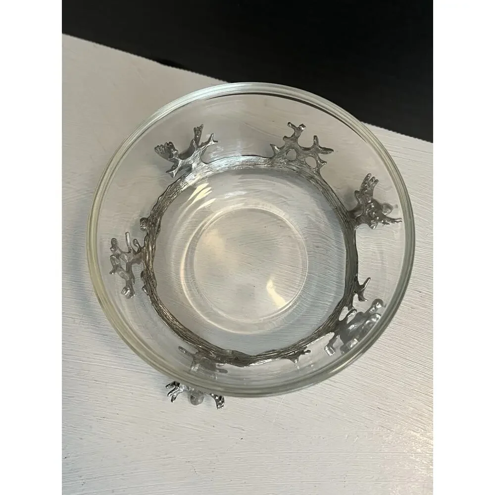 Stag Head Pewter Glass Bowl Cocktail Pick Holder & Picks 3pc Set Condiment Lodge